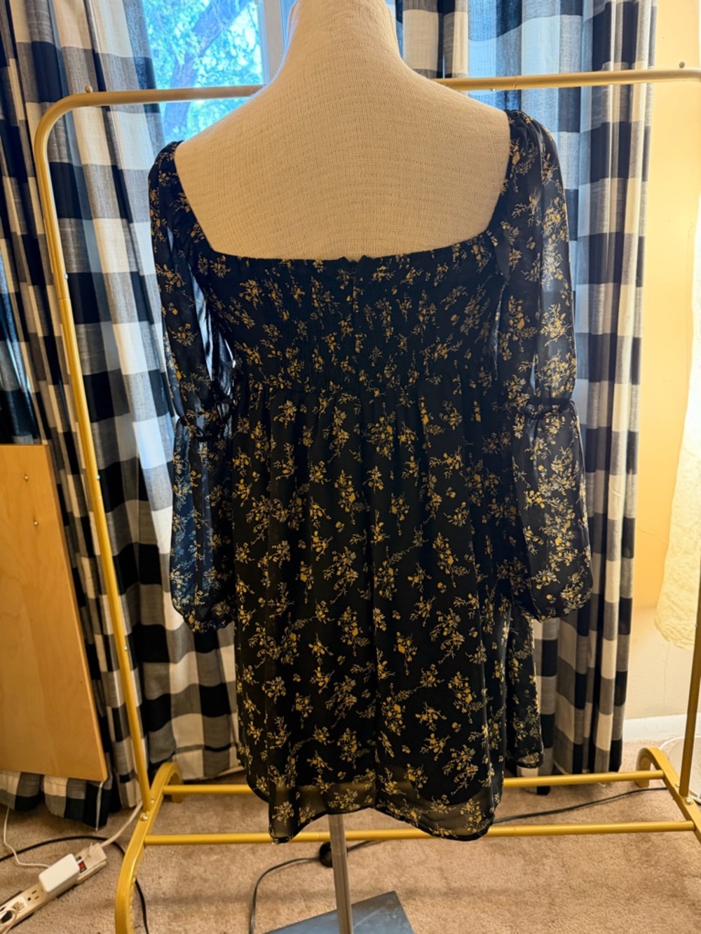 EXLURA Womens Square Neck Black Floral Long Puff Sleeve A-Line Short Mini Dress - Picture 4 of 5